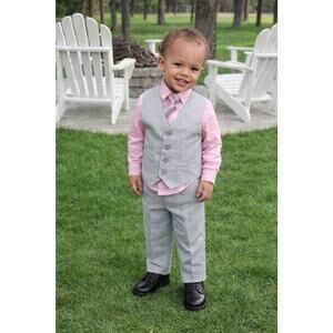 Van Heusen Toddler Boys 4pc Suit Set Gray Pink Vest Tie Outfit Size 2T